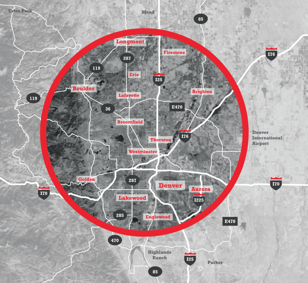 Service area map for 5-star stump removal in Denver, CO